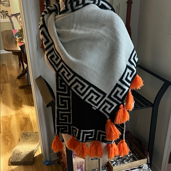 Accessories - Long Black and White Scarf / Table Runner  with Orange Tassels